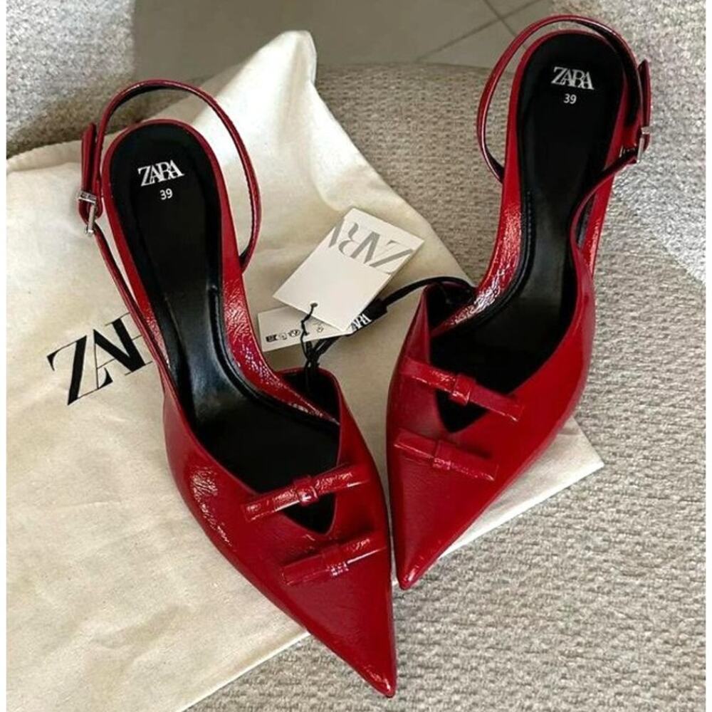 Zara Red Bow Slingback Heels Pointed Toe NWT - Picture 6 of 16